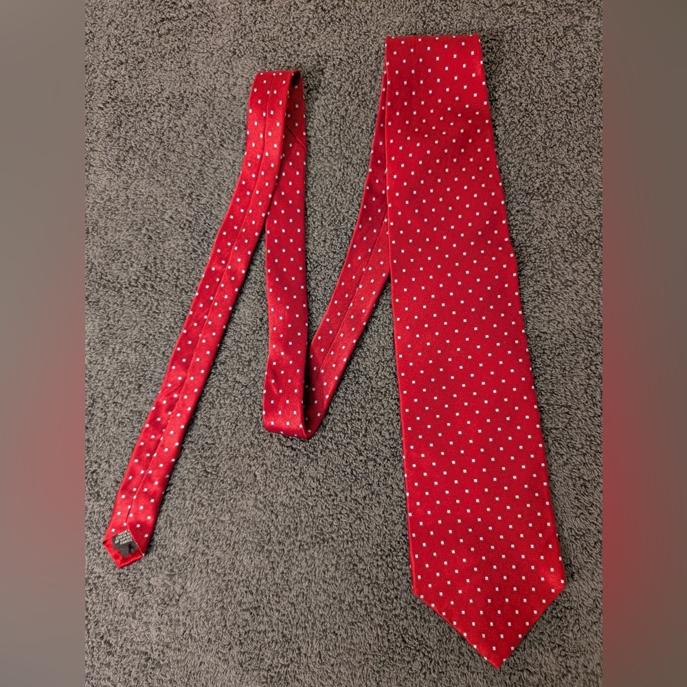 Bill Blass Red‎ and White Polka Dot Squares Silk Tie